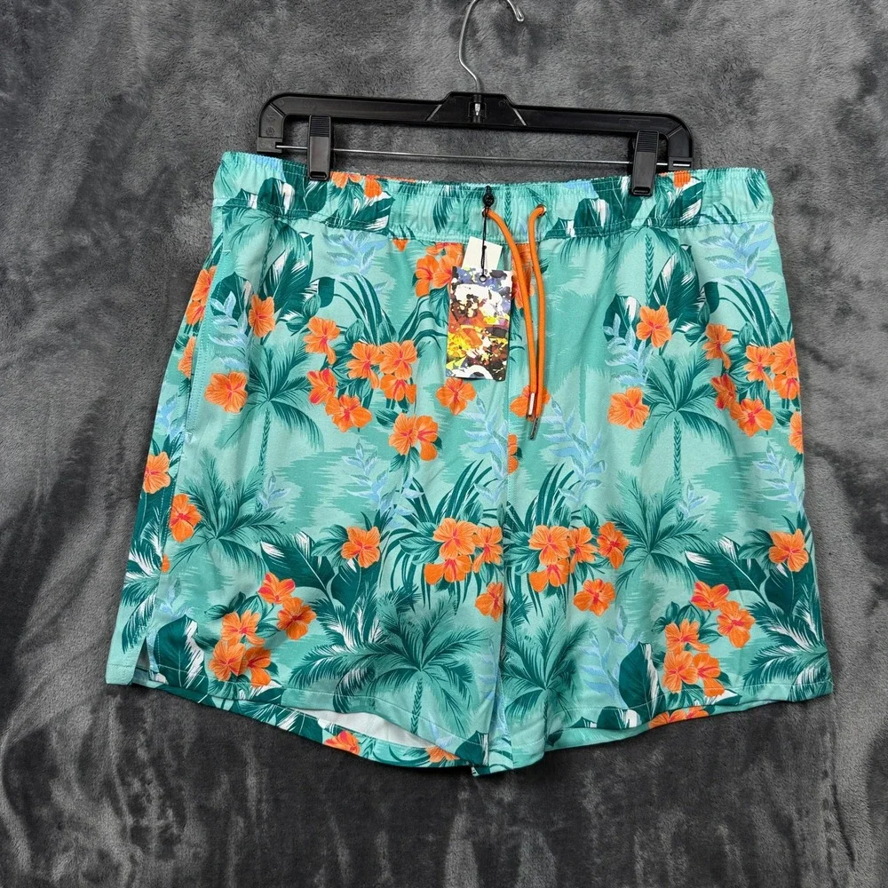 Robert Graham Swim Trunks Men XL Green New Tropical Forest Floral Hibiscus Print
